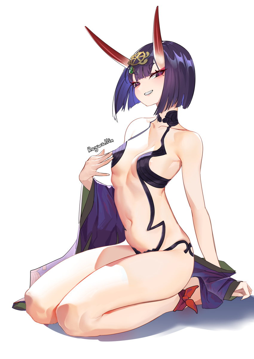 1girl absurdres ankle_ribbon blush bob_cut breasts clothes_down eyeliner fate/grand_order fate_(series) full_body headpiece highres horns japanese_clothes kimono leg_ribbon looking_at_viewer makeup navel oni oni_horns purple_eyes purple_hair purple_kimono raywallin red_ribbon revealing_clothes ribbon seiza short_hair shuten_douji_(fate) simple_background sitting skin-covered_horns small_breasts smile solo thighs white_background