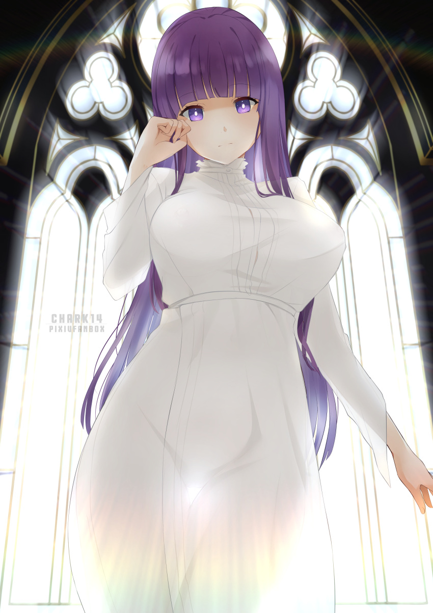 1girl absurdres artist_name blunt_bangs breasts chark14 closed_mouth cowboy_shot cut_bangs dress fern_(sousou_no_frieren) hand_up highres large_breasts long_hair long_sleeves looking_at_viewer purple_eyes purple_hair see-through see-through_dress solo sousou_no_frieren standing straight_hair thigh_gap turtleneck_dress white_dress window