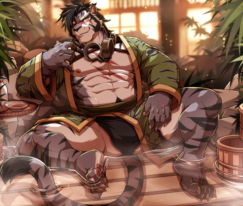 abs anthro clothing felid hi_res male mammal muscular muscular_anthro muscular_male pantherine part pecs scar sdorica solo striped_body stripes tiger yao_(sdorica) yellow_eyes