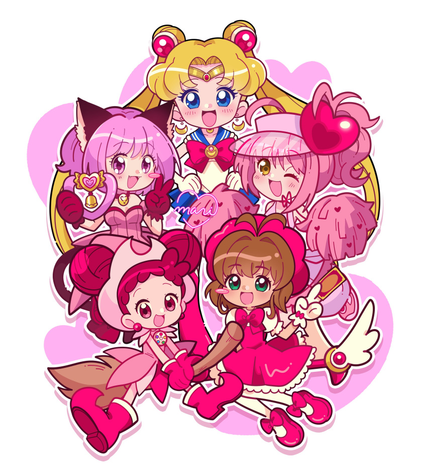 5girls absurdres ahoge amulet_heart animal_ears antenna_hair artist_name bishoujo_senshi_sailor_moon blonde_hair blue_eyes breasts broom brown_hair cat_ears child cleavage commentary crossover dress english_commentary fake_animal_ears fangs female_child hands_on_own_hips harp harukaze_doremi haruno_sakura heart highres holding holding_pom_poms instrument looking_at_viewer magical_girl marikyuunn mew_ichigo multiple_girls ojamajo_doremi one_eye_closed open_mouth pink_hair pink_headwear pom_pom_(cheerleading) red_footwear red_hair sailor_moon shugo_chara! skirt tiara tokyo_mew_mew tokyo_mew_mew_new v wand