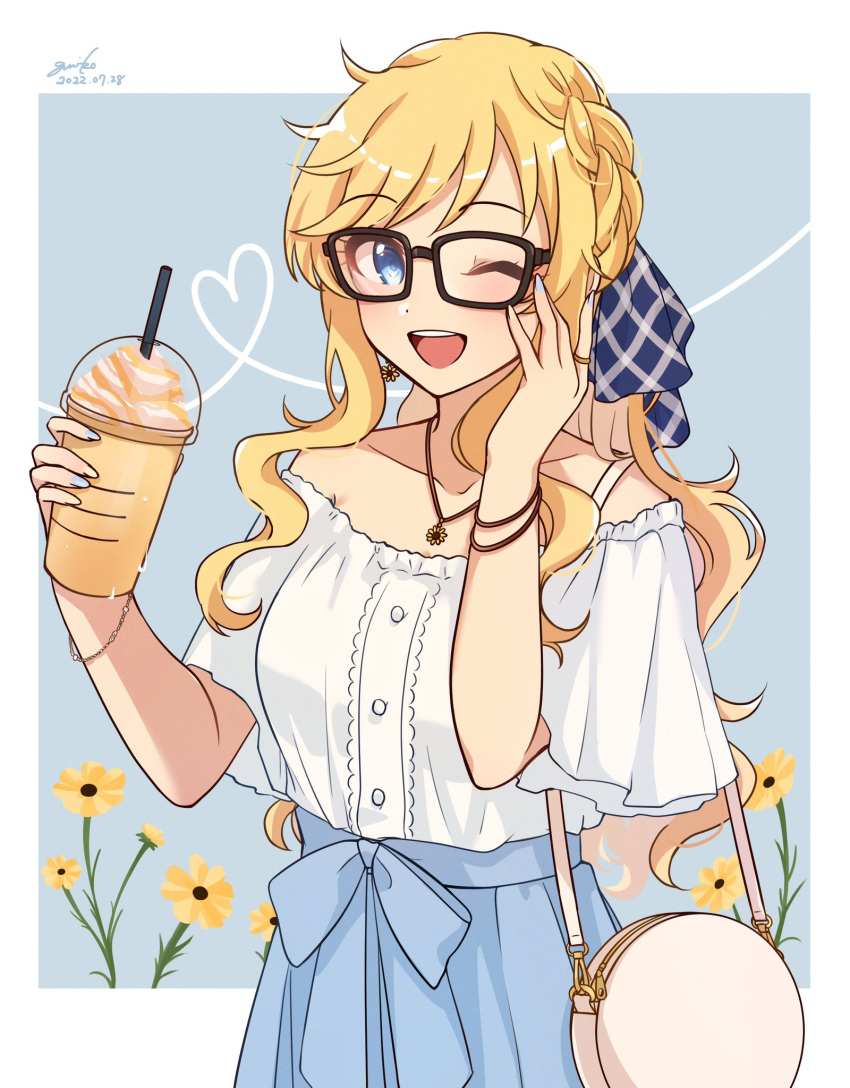 1girl ;d bag bare_shoulders bespectacled black-framed_eyewear blonde_hair blue_background blue_bow blue_eyes blue_nails blue_ribbon blue_skirt blush bow braid breasts collarbone cup dated disposable_cup dot_nose drinking_straw earrings flower flower_earrings flower_necklace food frilled_shirt frills glasses grid_background grk_11601 hair_ribbon hands_up heart highres holding holding_cup ice_cream idolmaster idolmaster_cinderella_girls idolmaster_cinderella_girls_starlight_stage jewelry large_breasts long_hair looking_at_viewer multicolored_nails multiple_bracelets ohtsuki_yui one_eye_closed open_mouth plaid plaid_ribbon ponytail ribbon ring shirt short_sleeves shoulder_bag signature skirt smile solo teeth two-tone_background upper_teeth_only waist_bow wavy_hair white_background white_shirt wide_sleeves yellow_flower yellow_nails