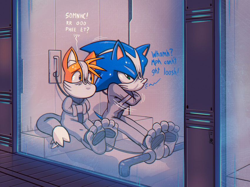 anthro bdsm bodysuit bondage bound clothing collar duo gag gagged gagged_talk hi_res hindpaw impximon male miles_prower paws prison restraints sega shackled shackled_ankles shackled_to_wall skinsuit sonic_the_hedgehog sonic_the_hedgehog_(series) straitjacket struggling tail_sheath text tight_clothing