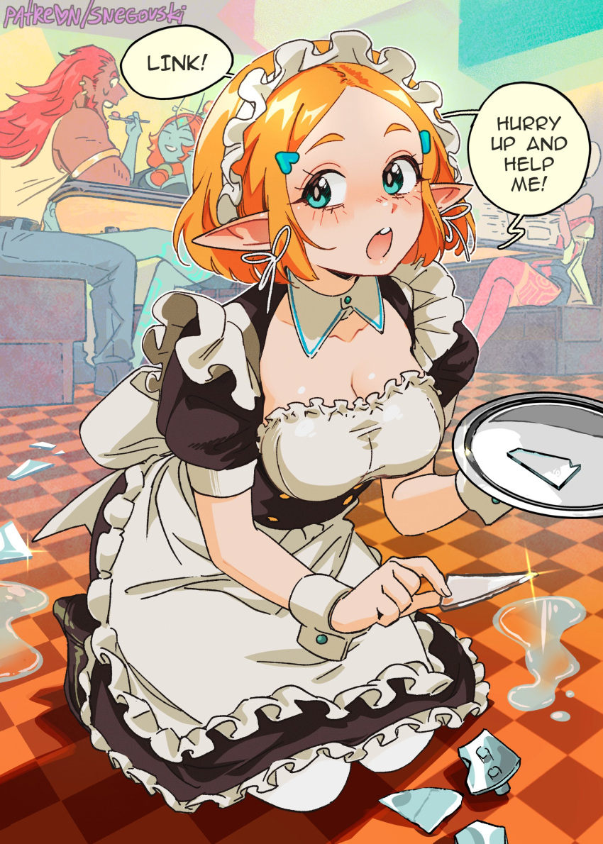 1boy 3girls absurdres alternate_costume apron blonde_hair blue_eyes breasts broken_cup cleavage denim enmaided frilled_apron frills ganondorf highres jeans long_hair maid maid_apron maid_headdress midna midna_(true) multiple_girls pants pointy_ears princess_zelda purah rehydrated_ganondorf restaurant shards snegovski tank_top teasing the_legend_of_zelda the_legend_of_zelda:_breath_of_the_wild the_legend_of_zelda:_tears_of_the_kingdom waist_apron white_apron