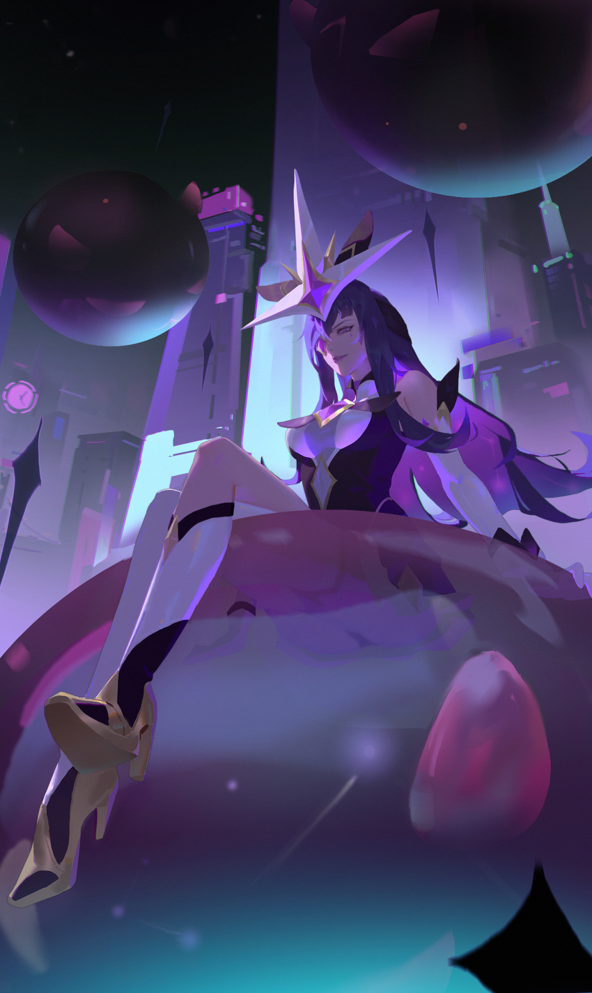 1girl absurdres ball bare_shoulders breasts closed_mouth from_below high_heels highres kneehighs large_breasts league_of_legends leotard long_hair magic purple_hair purple_leotard qchbtb shoes sitting socks solo star_guardian_(league_of_legends) star_guardian_syndra syndra white_leotard white_socks