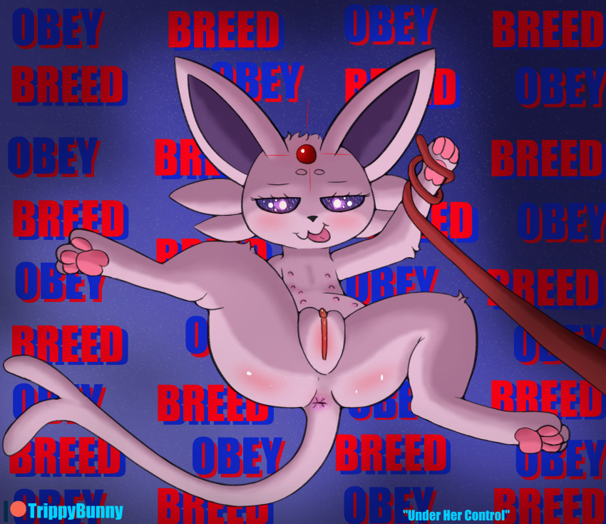 angelica_(trippybunny) anus blush clitoral_hood eeveelution espeon female feral generation_2_pokemon genitals hi_res hypnosis hypnotic_eyes leash leash_pull looking_at_viewer mind_control multi_nipple nintendo nipples pawpads pokemon pokemon_(species) pussy solo spread_legs spreading tongue tongue_out trippybunny