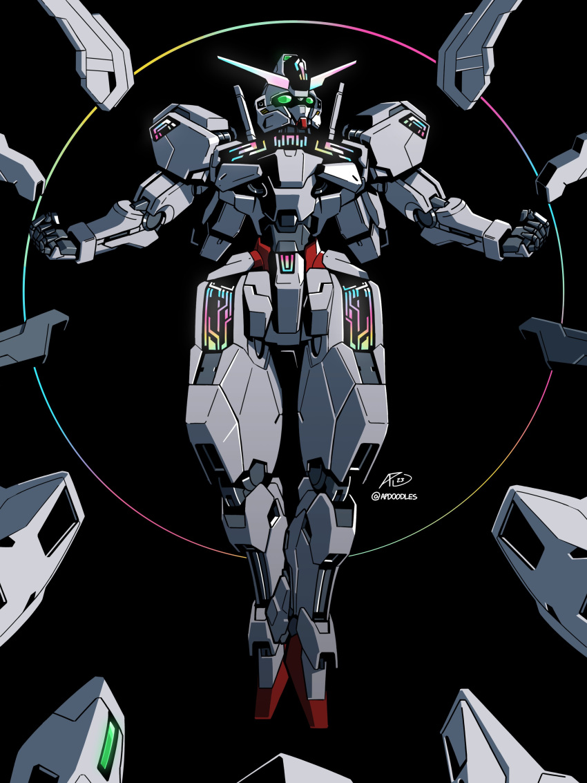 absurdres alex_(apdoodles) black_background clenched_hands funnels_(gundam) green_eyes gundam gundam_calibarn gundam_suisei_no_majo highres mecha mobile_suit robot science science_fiction signature twitter_username v-fin