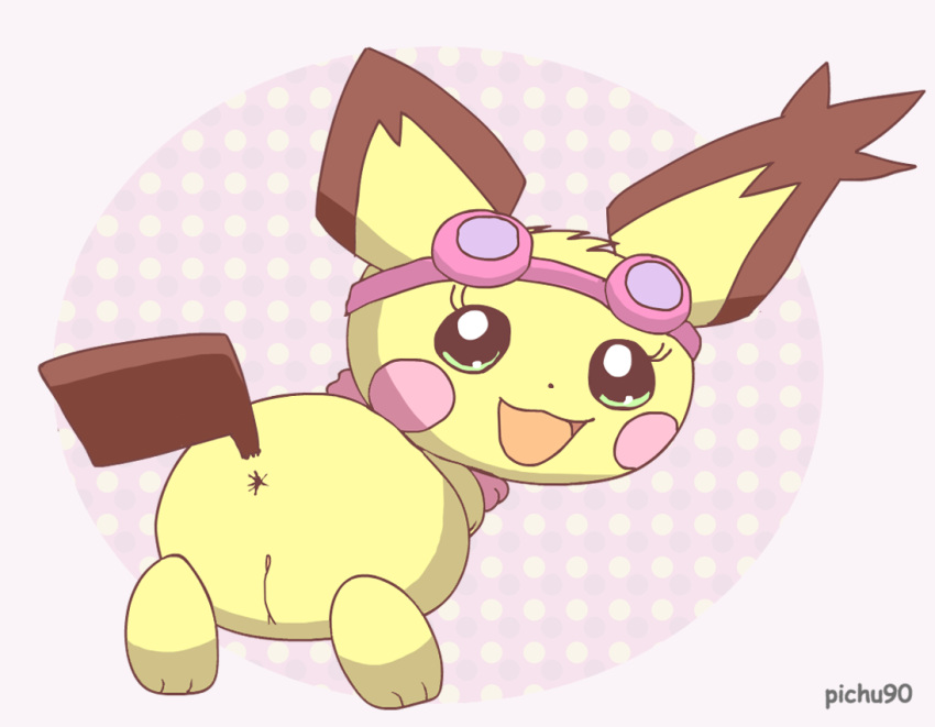 2020 anus artist_name butt eyewear eyewear_on_head female feral fur generation_2_pokemon genitals goggles goggles_on_head green_eyes looking_at_viewer looking_back looking_back_at_viewer nintendo pichu pichu90 pink_background pink_scarf pokemon pokemon_(species) presenting presenting_hindquarters pussy rear_view scarf simple_background solo sparkette_pichu spiky-eared_pichu yellow_body yellow_fur