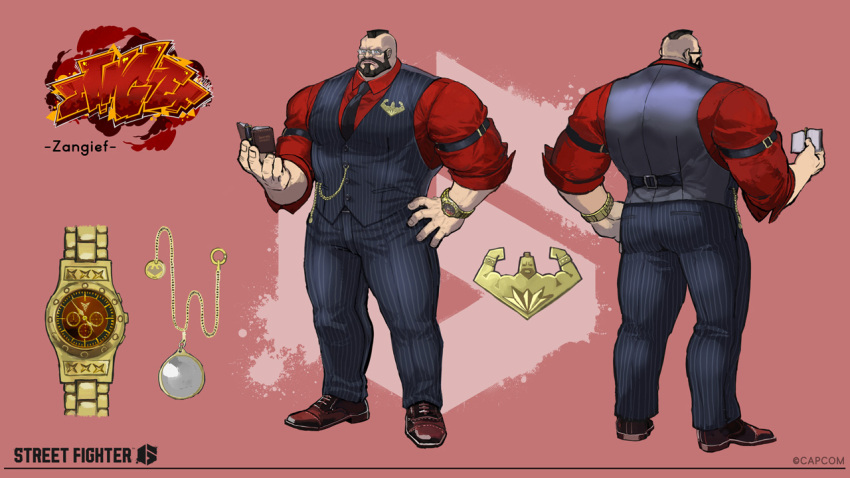 arm_belt beard book capcom character_name facial_hair formal glasses mohawk muscular muscular_male official_alternate_costume official_art reference_sheet standing street_fighter street_fighter_6 suit waistcoat watch wristwatch zangief