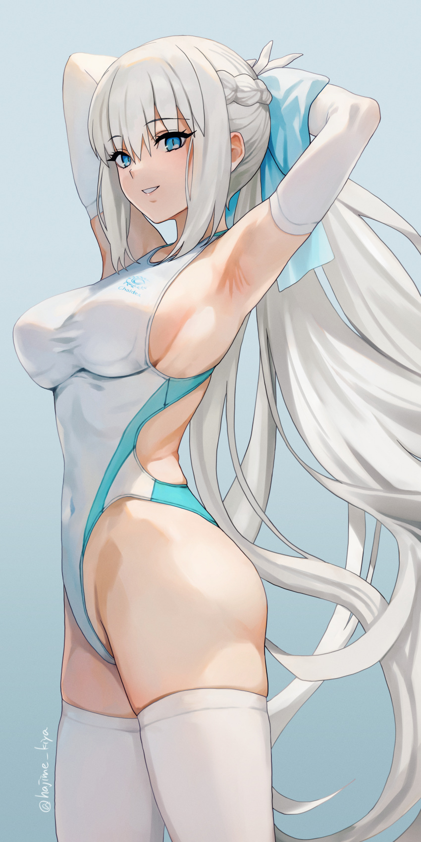 1girl absurdres armpits arms_behind_head arms_up bare_shoulders blue_bow blue_eyes blue_one-piece_swimsuit bow braid breasts covered_navel elbow_gloves fate/grand_order fate_(series) french_braid gloves grey_hair grin hair_bow highleg highleg_swimsuit highres kiya_hajime large_breasts long_hair looking_at_viewer morgan_le_fay_(fate) one-piece_swimsuit ponytail sideboob sidelocks smile solo swimsuit thighhighs thighs two-tone_swimsuit very_long_hair white_gloves white_one-piece_swimsuit white_thighhighs