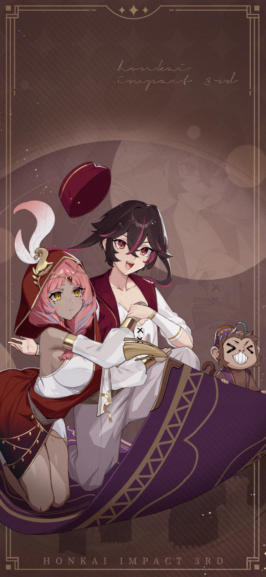 &gt;_&lt; 2girls abu_(aladdin) ahoge aladdin_(character) animal arabian_clothes bare_legs black_hair breasts brown_background couple dark_skin english_text flying genderswap genderswap_(mtf) hand_on_own_chest hat hat_removed headwear_removed highres holding holding_hands honkai_(series) honkai_impact_3rd jewelry kneeling large_breasts magic_carpet monkey multicolored_hair multiple_girls official_art official_wallpaper open_mouth pants pink_hair red_headwear small_breasts smile streaked_hair tail teeth upper_teeth_only white_pants worried yellow_eyes yuri