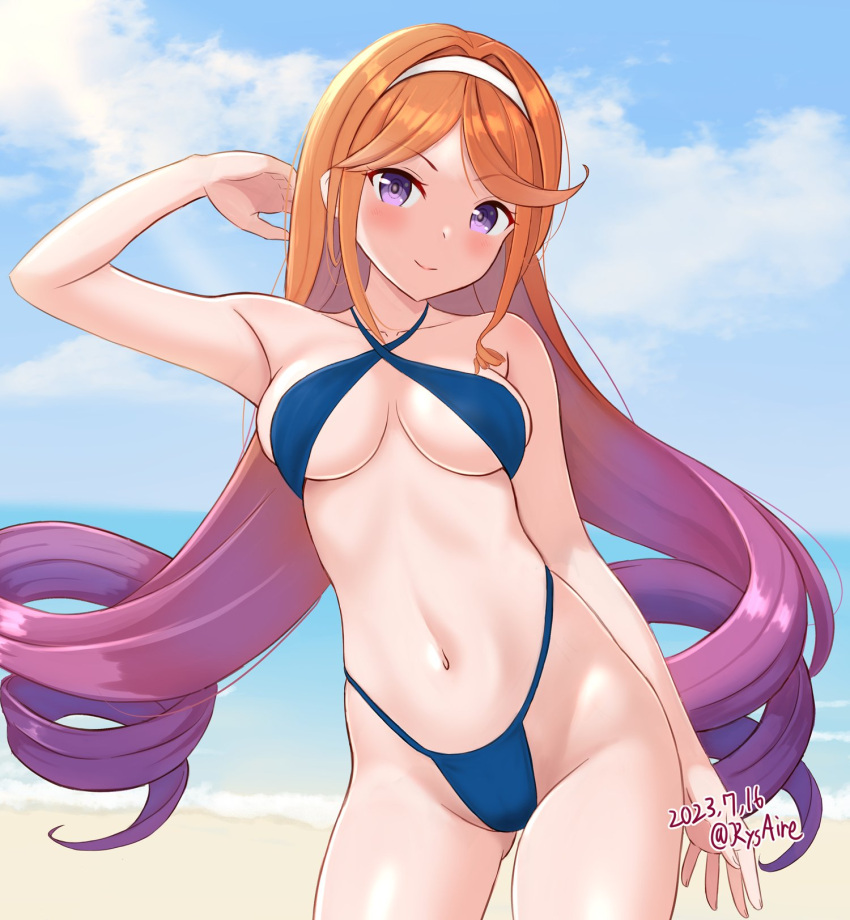 1girl ame-san asymmetrical_sidelocks beach blue_one-piece_swimsuit blue_sky breasts casual_one-piece_swimsuit cloud criss-cross_halter dated day drill_hair gradient_hair hairband halterneck highres kantai_collection long_hair medium_breasts multicolored_hair one-piece_swimsuit orange_hair outdoors purple_eyes purple_hair side_drill sky slingshot_swimsuit smile solo standing swimsuit white_hairband yuugure_(kancolle)