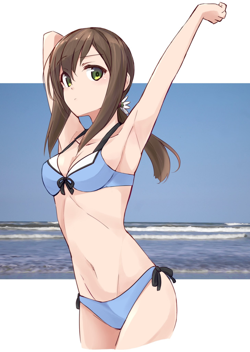 1girl alternate_costume bikini black_hair blue_bikini blue_sky breasts cloud commentary_request front-tie_bikini_top front-tie_top fubuki_(kancolle) green_eyes groin highres horizon kantai_collection long_hair looking_at_viewer minosu ocean ponytail side-tie_bikini_bottom sidelocks sky small_breasts solo stretching swimsuit