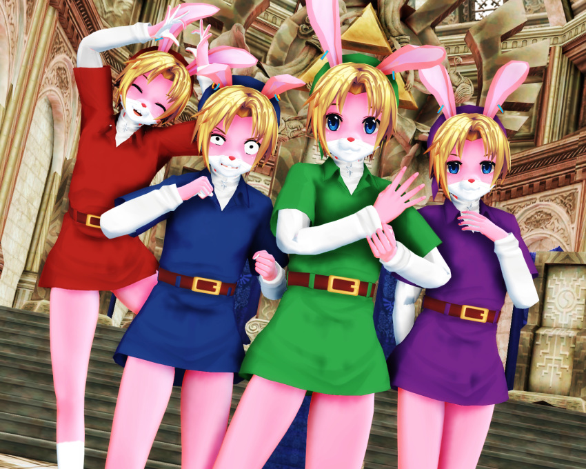 3d_(artwork) a_link_to_the_past angry anthro blonde_hair blue_clothing blue_eyes blue_tunic clothed clothing digital_media_(artwork) ear_piercing ear_ring eyes_closed four_swords fur green_clothing green_hat green_headwear green_tunic group hair happy hat headgear headwear hi_res lagomorph leporid link_(rabbit_form) malicekira mammal mmd nintendo piercing pink_body pink_fur pose purple_clothing purple_tunic rabbit red_clothing red_tunic ring_piercing smug square_crossover the_legend_of_zelda tunic