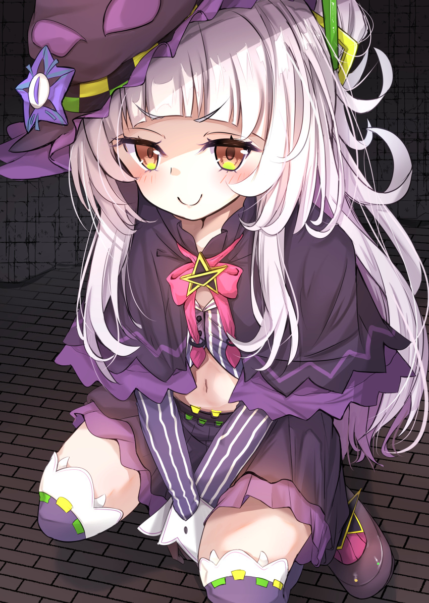 1girl arched_bangs blush breasts capelet cropped_shirt grey_shirt hair_bun highres hololive long_hair looking_at_viewer murasaki_shion murasaki_shion_(1st_costume) purple_capelet purple_footwear purple_headwear purple_thighhighs shirt shoes short_eyebrows sidelocks single_hair_bun small_breasts smile solo striped striped_shirt sumioo_(sumikko_no_ousama) thighhighs vertical-striped_shirt vertical_stripes virtual_youtuber white_hair yellow_eyes