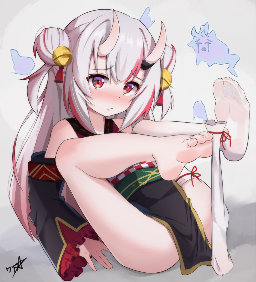 1girl absurdres bare_shoulders barefoot bell blush boppin closed_mouth detached_sleeves double_bun feet frilled_sleeves frills full_body grey_hair hair_bell hair_bun hair_ornament highres hololive horns japanese_clothes jingle_bell kimono legs_up long_hair long_sleeves looking_at_viewer meme multicolored_hair nakiri_ayame nose_blush oni_horns paid_reward_available pelvic_curtain reclining red_eyes red_hair signature single_barefoot single_thighhigh sleeveless sleeveless_kimono soles solo streaked_hair thighhighs toes two-tone_hair unworn_thighhighs uohhhhhhhhh!_(meme) virtual_youtuber white_thighhighs