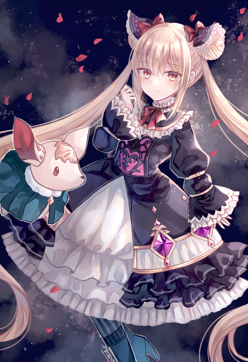 1girl absurdres bow bowtie closed_mouth commentary_request double_bun dress falling_petals frilled_cuffs frilled_dress frills hair_bow hair_bun high_heels highres layered_dress lolita_fashion long_hair looking_at_viewer luna_(shadowverse) miyakure petals red_bow red_bowtie red_pupils shadowverse solo stuffed_animal stuffed_dog stuffed_toy twintails very_long_hair yellow_eyes