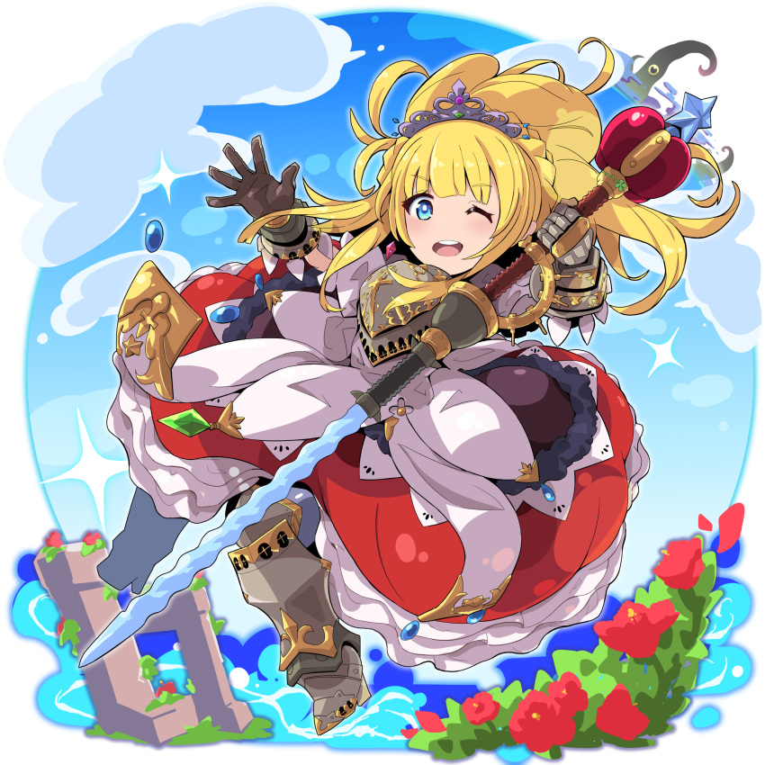 ;d absurdres armor armored_boots blonde_hair blue_eyes blue_sky boots breastplate bright_pupils day dress frilled_dress frills fukkatsu_saisei_kaijin full_body gauntlets highres holding holding_staff long_hair looking_at_viewer one_eye_closed princess_(sekaiju) princess_2_(sekaiju) sekaiju_no_meikyuu sekaiju_no_meikyuu_3 sky smile staff teeth tiara upper_teeth_only waving white_pupils