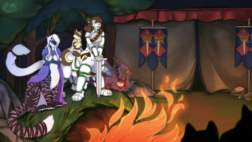 absurd_res aivu anthro armor audience banner belt bonfire camp campfire camping_tent campsite canid canine canis cape chakat chakat_dawnseeker chakat_moonriver clothing container cookie cookie_jar crusade crusader dialogue dragon felid felid_taur female food forest forest_background group havoc_dragon herm hi_res intersex jar lilsilentwolf male mammal mammal_taur melee_weapon nature nature_background nika_vizard paizo pathfinder pathfinder:_wrath_of_the_righteous plant sarenrae sword taur tent tree watermark weapon wolf