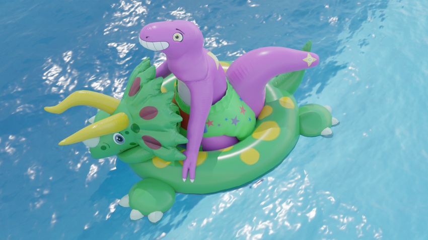 animate_inanimate anthro ceratopsian diaper dinosaur hi_res holding_on inflatable inflatable_ride inflatable_toy living_inflatable male markings ornithischian permagrin pool_toy reptile scalie smile solo swim_ring swim_ring_with_face tail tail_markings theropod triceratops tyrannosaurid tyrannosaurus tyrannosaurus_rex unknown_artist water zoran