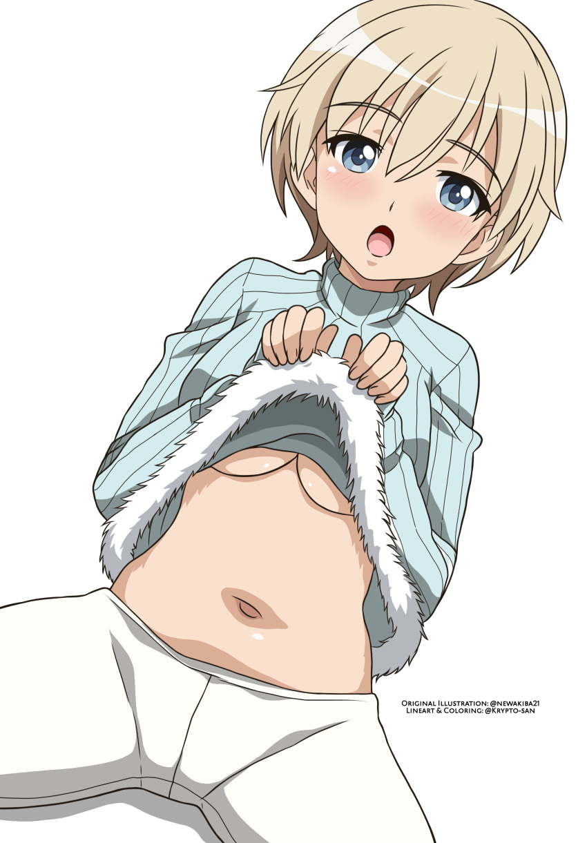 1girl absurdres blonde_hair blue_eyes blue_sweater blush brave_witches breasts clothes_lift highres josephscrand large_breasts lifted_by_self looking_at_viewer navel nikka_edvardine_katajainen no_bra open_mouth pantyhose short_hair simple_background solo sweater sweater_lift underboob white_background white_pantyhose world_witches_series