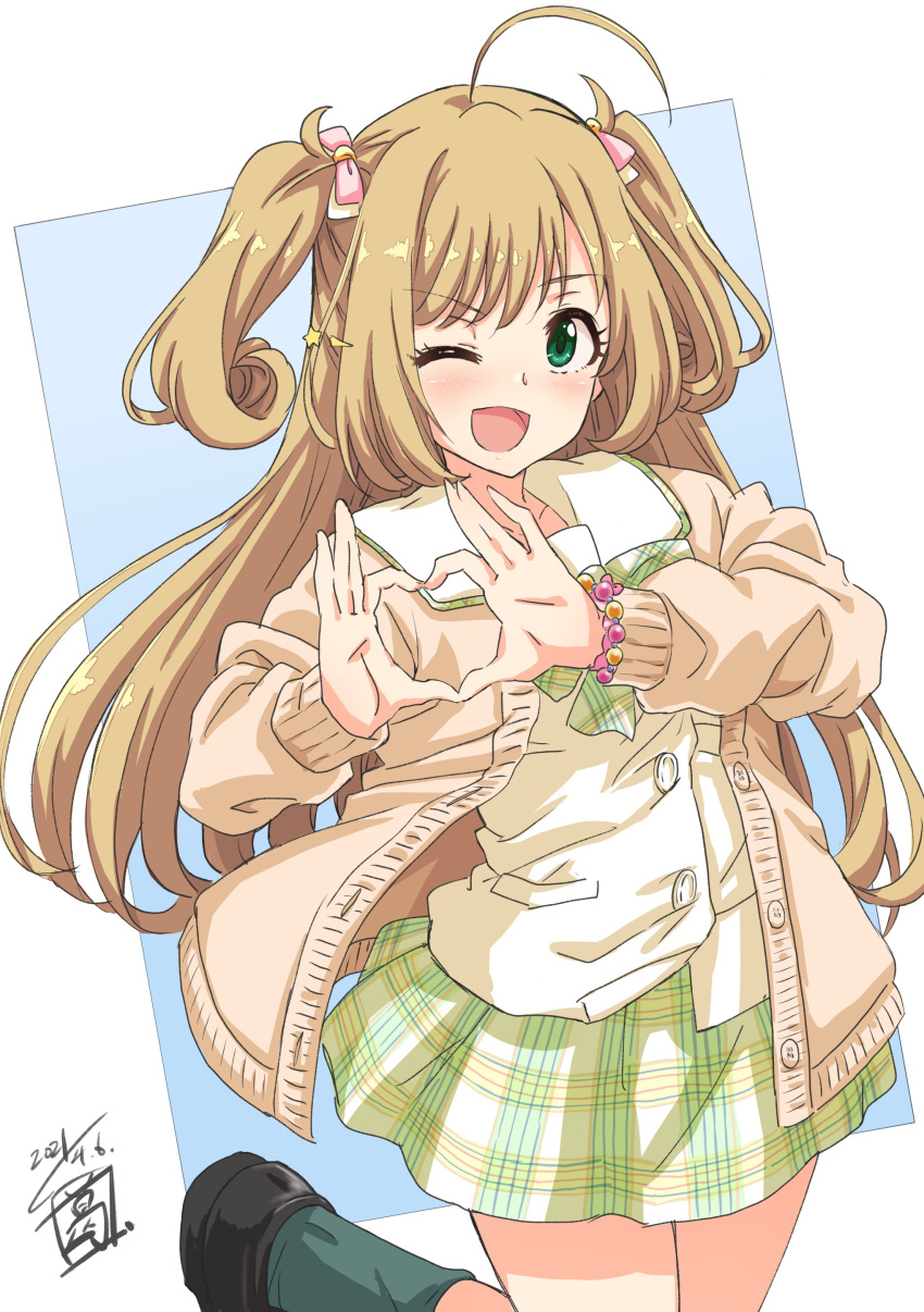 1girl absurdres ahoge blonde_hair blue_background blush breasts brown_cardigan cardigan collarbone dated green_eyes green_skirt green_socks grid_background hair_ornament hair_ribbon heart heart_hands highres idolmaster idolmaster_cinderella_girls idolmaster_cinderella_girls_starlight_stage large_breasts loafers long_hair looking_at_viewer neck_ribbon one_eye_closed open_cardigan open_clothes open_mouth pink_ribbon plaid plaid_ribbon plaid_skirt ribbon sato_shin school_uniform sekiya_kuzuyu shirt shoes signature skirt smile socks solo standing standing_on_one_leg twintails white_shirt