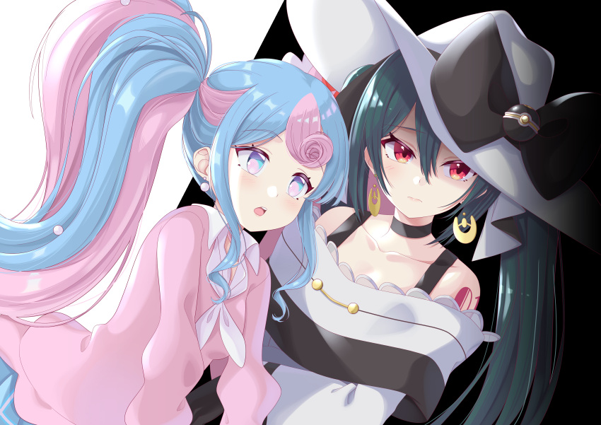 2girls :o absurdres bare_shoulders black_choker blue_hair blue_skirt choker collarbone collared_shirt commentary dark_miku_(project_voltage) earrings fairy_miku_(project_voltage) green_hair hair_between_eyes hat hatsune_miku highres jewelry long_hair multicolored_eyes multicolored_hair multiple_girls off-shoulder_shirt off_shoulder open_mouth pink_hair pink_sweater pokemon project_voltage red_eyes shirt shoulder_tattoo sidelocks skirt ssaaggwwaa sweater tattoo tongue two-tone_hair vocaloid white_shirt