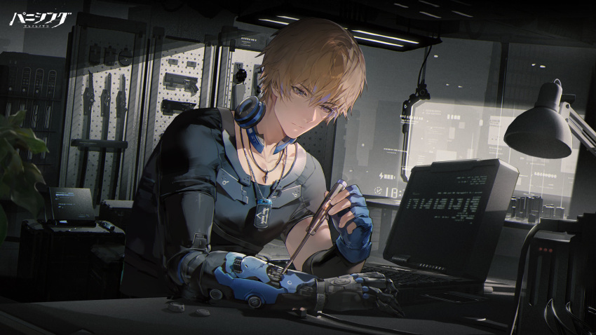 1boy absurdres armory artist_request blue_eyes brown_hair computer dog_tags gun headphones headphones_around_neck highres keyboard_(computer) lamp lee:_entropy_(punishing:_gray_raven) lee_(punishing:_gray_raven) mechanical_arms mechanical_parts monitor official_art plant punishing:_gray_raven repairing screwdriver single_mechanical_arm sword table weapon weapon_rack window