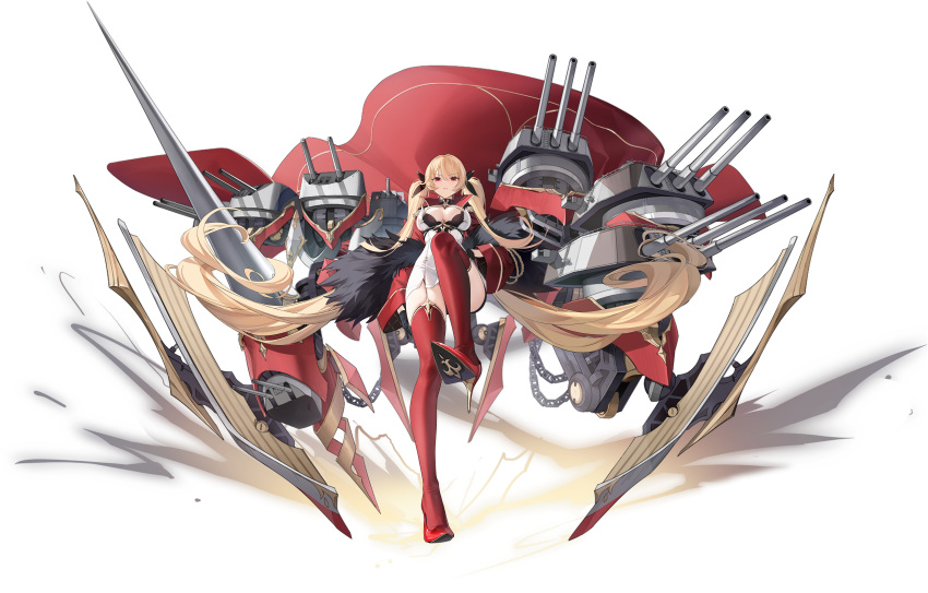 1girl :o absurdly_long_hair absurdres azur_lane black_bra black_gloves blonde_hair bra breasts brooch cannon cape center_opening chain coat dress expressions full_body fur-trimmed_jacket fur_trim garter_straps gloves high_heels highres jacket jewelry large_breasts leg_up long_hair long_sleeves looking_at_viewer nelson_(azur_lane) non-web_source official_art one_eye_closed open_clothes open_coat red_cape red_eyes red_footwear red_jacket red_thighhighs retrofit_(azur_lane) rigging solo stiletto_heels thighhighs twintails underwear very_long_hair white_dress wide_sleeves