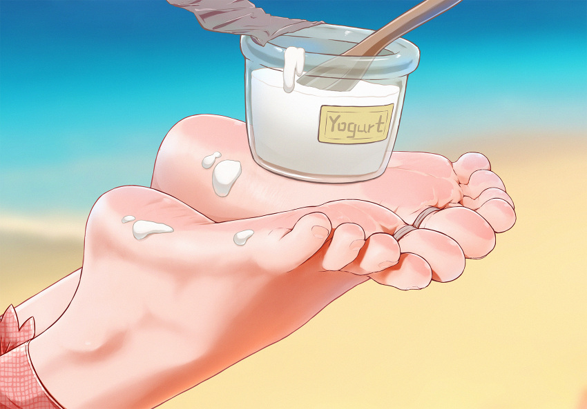 1girl blue_background blurry blurry_background bound bound_toes depth_of_field feet feet_only food_on_body foot_focus highres light_brown_background original qiufengxiaose soles solo spoon suggestive_fluid toenails toes two-tone_background yogurt