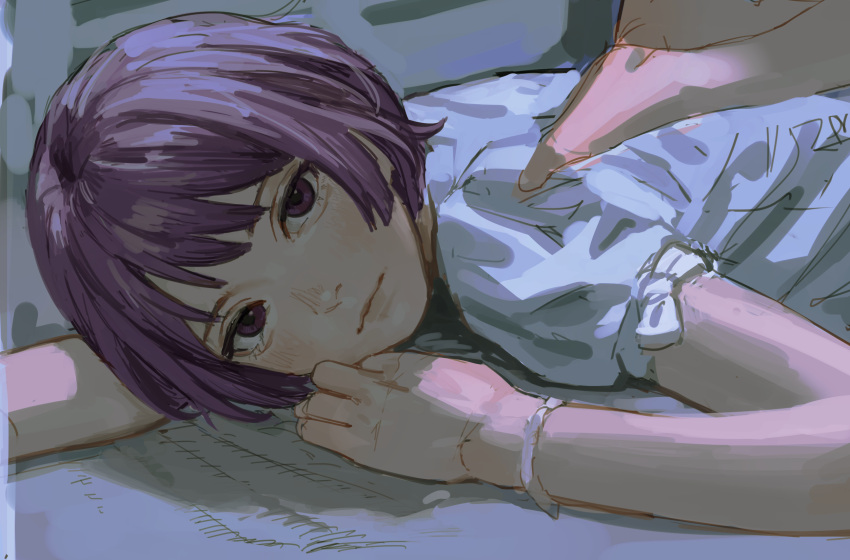 1girl :| arm_up bed_sheet bob_cut bracelet chinese_commentary closed_mouth commentary expressionless hand_on_another's_shoulder hand_on_own_face highres jewelry looking_at_viewer lying monogatari_(series) on_bed on_stomach pajamas pov pov_hands purple_eyes purple_hair senjougahara_hitagi shaded_face short_hair short_sleeves solipsist solo_focus upper_body white_pajamas