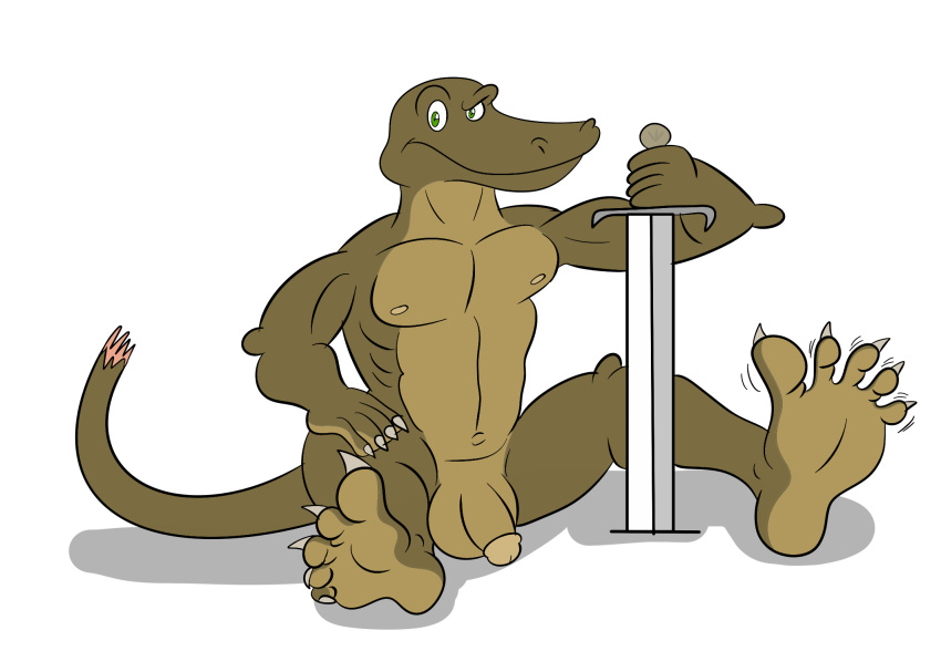 abs alpha_channel anthro balls barefoot casual_nudity feet genitals hi_res holding_object holding_weapon humanoid_genitalia humanoid_hands humanoid_penis jollyville lewis_wilmot_(dracenmarx) lizard looking_at_viewer male melee_weapon muscular muscular_anthro muscular_male navel nipples non-mammal_balls nude pecs penis reptile scalie solo sword tail toes weapon