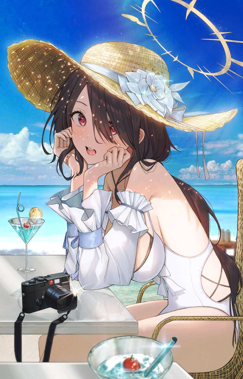 1girl absurdres beach black_hair blue_archive blue_sky blush breasts camera chair cloud cup day detached_sleeves drinking_straw flower hair_between_eyes halo hat hat_flower highres hinata_(blue_archive) kuren_kren large_breasts leaning_forward long_hair looking_at_viewer ocean one-piece_swimsuit open_mouth outdoors red_eyes sitting sky swimsuit white_flower white_one-piece_swimsuit