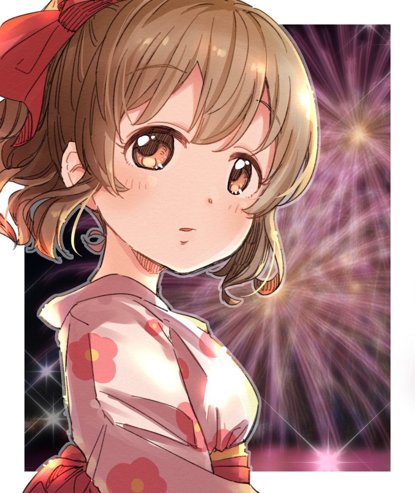 1girl aerial_fireworks blurry blurry_background blush bow brown_eyes brown_hair depth_of_field fireworks floral_print from_side grey_outline hair_bow highres hori_yuko idolmaster idolmaster_cinderella_girls japanese_clothes kimono looking_at_viewer looking_to_the_side obi parted_lips ponytail print_kimono red_bow sash solo upper_body white_kimono yukie_(kusaka_shi)