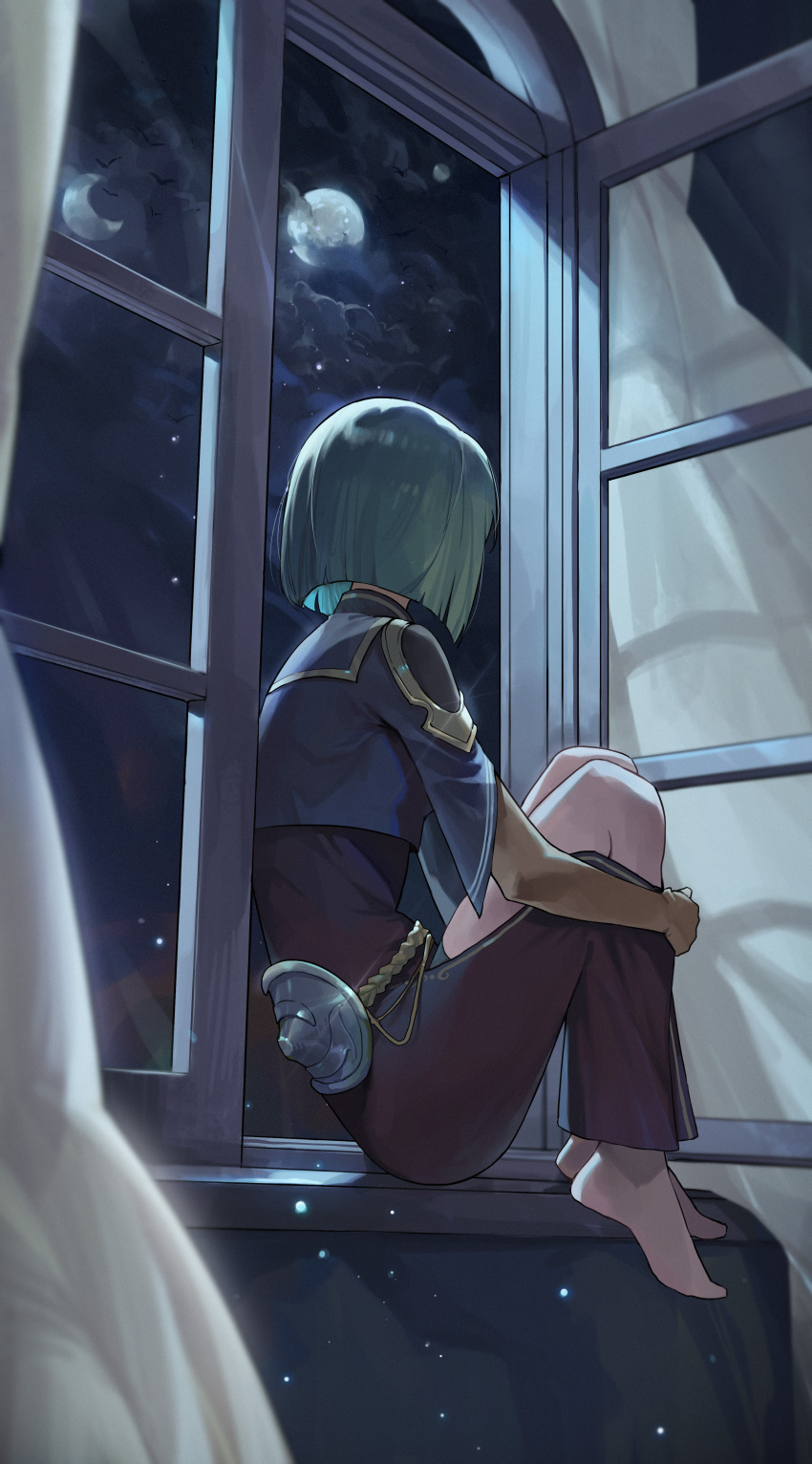 1girl absurdres barefoot blue_sailor_collar blue_shirt brown_pants cloud commission cropped_shirt curtains facing_away from_side full_moon green_hair hand_on_own_ankle highres indoors knees_up light_particles long_sleeves moon night night_sky open_window original pants pixiv_commission reflection sailor_collar shirt short_hair sidelocks sitting sky solo sssong_aa window windowsill