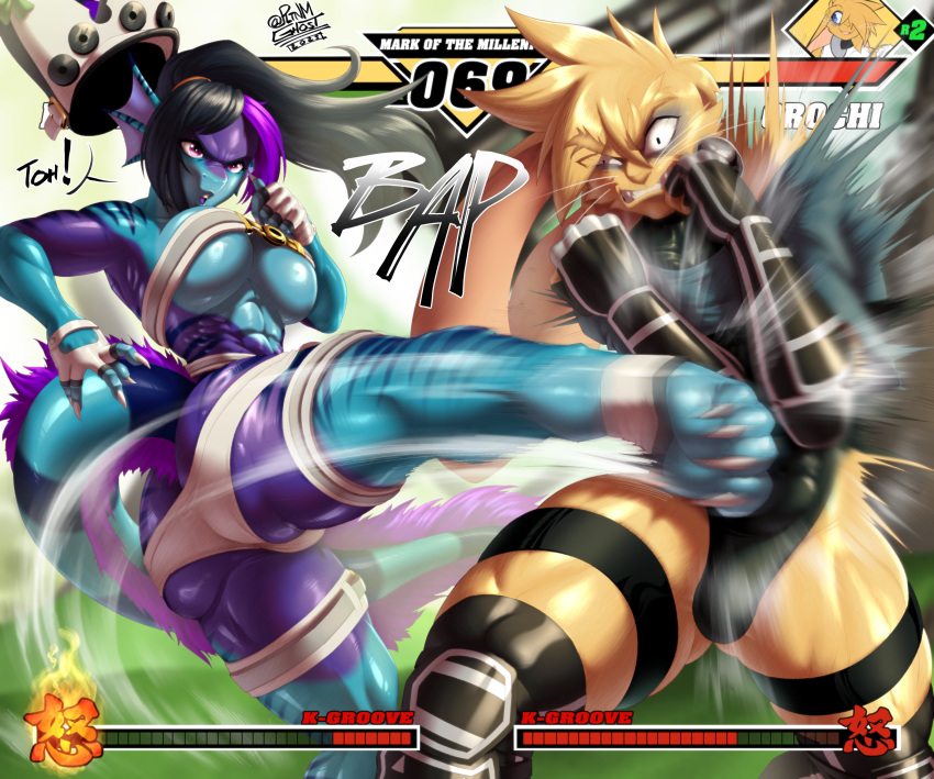0r0 2023 4_toes 5_fingers abs absurd_res anthro armwear belt_bra big_breasts big_butt black_hair bloodshot_eyes blue_body breasts bulge butt capcom capcom_vs._snk cjk_character claws cleavage clenched_teeth clothed clothing dragon duo ear_frill elbow_gloves english_text exenthal eyebrows eyeshadow feet female fight fighting_game_ui fingerless_gloves fingers fish frill_(anatomy) fur furred_dragon gameplay_mechanics gloves gui hair handwear health_bar hi_res highlights_(coloring) humanoid_feet humanoid_hands hybrid japanese_text kick lagomorph legband leporid long_ears long_hair makeup male male/female mammal marine midriff multicolored_body muscular muscular_female muscular_male muscular_thighs onomatopoeia open_mouth outside panties plantigrade pltnm06ghost ponytail purple_body purple_eyes quads rabbit raised_arms serratus shark sharp_claws signature snk soles sound_effects speech_bubble stirrup_footwear striped_body striped_skin stripes teeth text thick_eyebrows thick_thighs toes two_tone_body ui under_boob underwear unitard whiskers wide_hips yellow_body yellow_fur