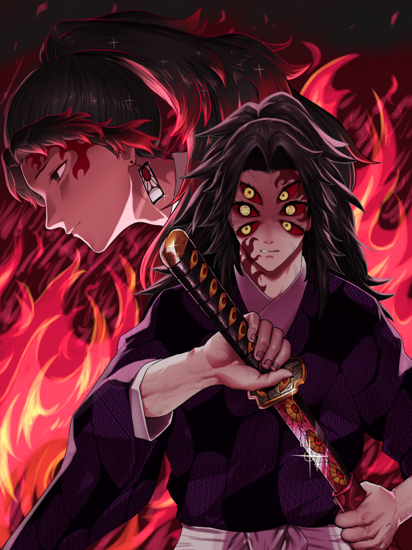 2boys absurdres black_hair colored_sclera demon drawing_sword extra_eyes fire hanafuda_earrings highres holding holding_sword holding_weapon japanese_clothes katana kimetsu_no_yaiba kimono kokushibou long_hair looking_at_viewer multicolored_hair multiple_boys purple_kimono red_hair red_sclera scabbard sheath sword tsugikuni_michikatsu tsugikuni_yoriichi two-tone_hair upper_body weapon yellow_eyes yesman