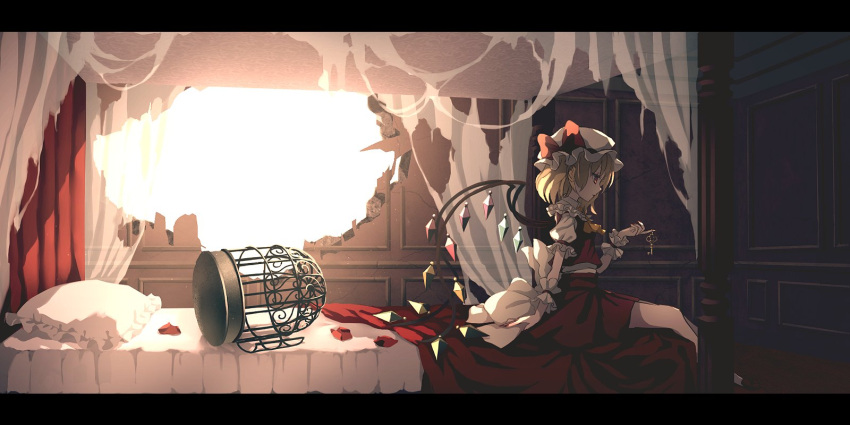 1girl bedroom birdcage black_border blonde_hair border cage dise_(psychoro) flandre_scarlet hat highres hole_in_wall key mob_cap rainbow_wings red_eyes red_nails red_shirt red_skirt shirt short_hair skirt solo touhou white_headwear