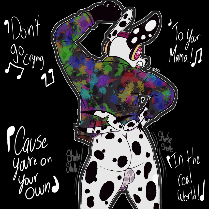 1:1 2023 ain't_it_fun anthro backsack balls black_background black_body black_ears black_fur black_nose black_tail bottomless bottomless_anthro bottomless_male butt canid canine canis clothed clothed_anthro clothed_male clothing coat dalmatian dancing danny_(zackdadawg) domestic_dog english_text exclamation_point fist flaccid floppy_ears foreskin fur genitals grey_outline gums headgear headphones hi_res long_ears lyrics male mammal motion_lines multicolored_body multicolored_ears multicolored_fur multicolored_tail music musical_note open_mouth outline penis pink_tongue portrait pose presenting presenting_balls presenting_hindquarters presenting_penis raised_arm raised_tail shadow shaking_butt sharp_teeth short_tail simple_background solo song sound_effects standing tail tail_motion tailwag teeth text thick_thighs tongue topwear white_body white_ears white_fur white_tail zackdadawg