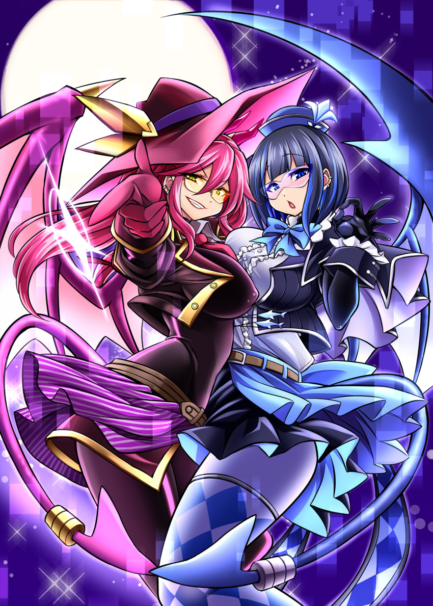 2girls blue_gloves blue_jacket blue_pantyhose blue_skirt blue_thighhighs breasts cropped_jacket demon_girl demon_tail demon_wings duel_monster evil_twin_ki-sikil evil_twin_lil-la gloves hat highres jacket ki-sikil_(yu-gi-oh!) kobayashi_tetsuya large_breasts lil-la_(yu-gi-oh!) long_hair looking_at_viewer multiple_girls open_mouth pantyhose pink_skirt pointing pointing_at_viewer red_gloves red_hair red_headwear red_jacket red_pantyhose red_thighhighs short_hair sidelocks skirt smile tail thighhighs wings yellow_eyes yu-gi-oh!