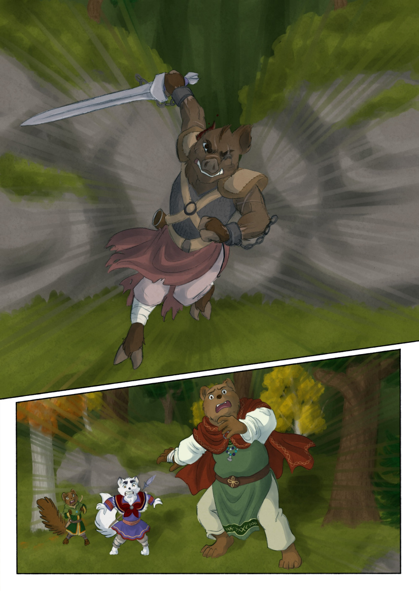 2021 absurd_res ambiguous_gender anthro arctic_fox bear biped bjekkergauken blood bodily_fluids bow_(weapon) brown_bear brown_body brown_fur brown_tail canid canine charging clothed clothing colored comic day english_text female fight fox fur green_clothing group gulonine herja_(bjekkergauken) hi_res hillevi mammal marten melee_weapon mustelid musteline outside pine_marten polearm ranged_weapon red_cloak shirin_(bjekkergauken) size_difference spear suid suina sus_(pig) sword tail text unni_(bjekkergauken) ursine weapon white_body white_fur wild_boar