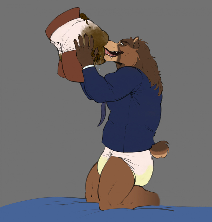 anthro bear blowout bodily_fluids brown_bear clothed clothing diaper diaper_bulge diaper_on_penetratable_sex_toy diaper_on_sex_toy diapered_sex_toy erection erection_in_diaper erection_under_bottomwear erection_under_clothing feces genital_fluids grizzly_bear hair hi_res kneeling kuruk_(character) leaking_diaper leaking_feces licking_sex_toy male mammal mane mane_hair messy_diaper necktie partially_clothed penetrable_sex_toy saliva scat sex_toy shirt sloppy snoofing soiled_diaper soiling solo third-party_edit topwear urine ursine used_diaper wearing_diaper wet_diaper wetting yeenyeenmike