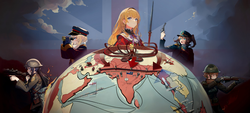 5girls absurdres azur_lane binoculars country_connection crossover english_commentary girls'_frontline globe gun hammer_and_sickle handgun helmet highres india lee-enfield_(girls'_frontline) lewis_(girls'_frontline) map military_uniform multiple_girls octopus propaganda queen_elizabeth_(azur_lane) rifle soviet sri_lanka takemori_kohoto textless_version uniform union_jack united_kingdom warspite_(azur_lane) weapon webley_(girls'_frontline)