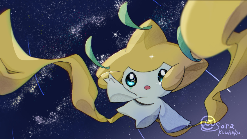1other arm_up artist_name blue_eyes blue_sky blurry colored_skin commentary_request crying depth_of_field full_body jirachi meteor_shower open_mouth other_focus pokemon pokemon_(creature) sad signature sky solo sora_(sorakuuhaku) star_(sky) star_(symbol) star_in_eye starry_sky symbol_in_eye tears twitter_username white_skin