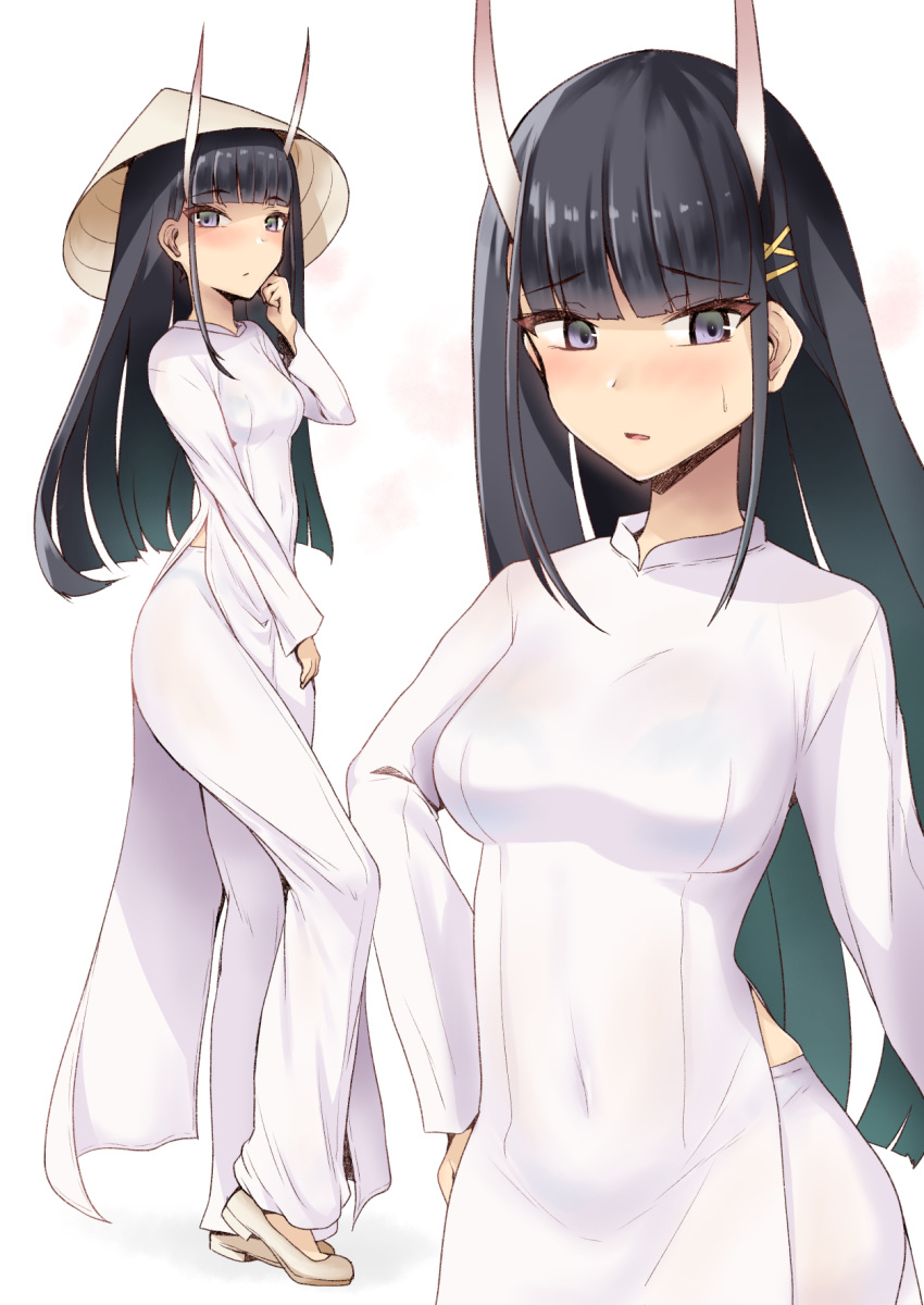 1girl azur_lane black_hair blush breasts covered_navel dress grey_eyes hair_tie hat highres horns long_hair long_sleeves minase_(takaoka_nanase) noshiro_(azur_lane) oni_horns pants pelvic_curtain rice_hat side_slit sidelocks solo sweat vietnamese_dress white_dress white_footwear white_pants