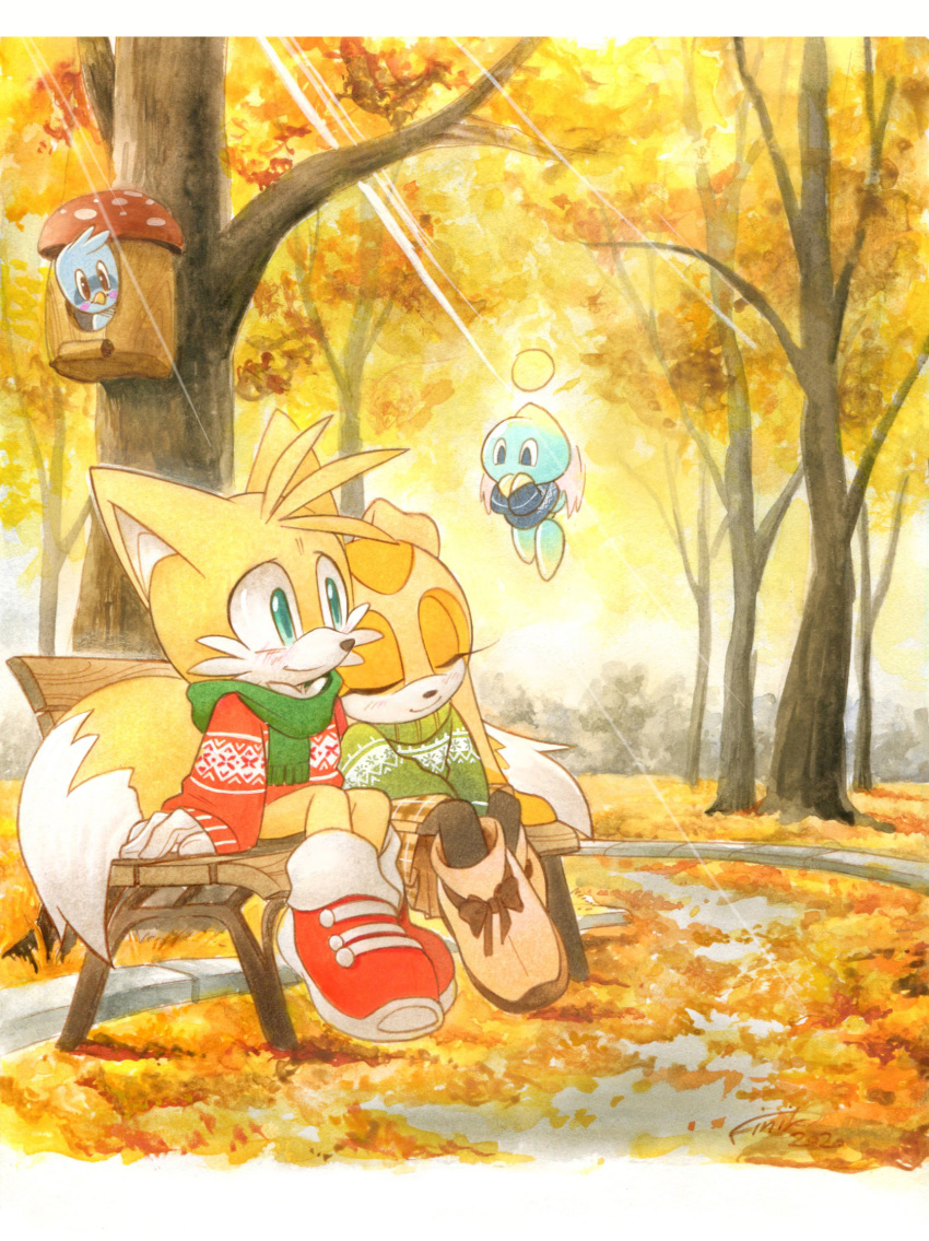 1boy 1girl 1other alternate_costume autumn bench chao_(sonic) cheese_(sonic) christmas_sweater closed_eyes cream_the_rabbit finik green_scarf highres on_bench outdoors park_bench scarf shoes sitting_on_bench sonic_(series) sweater tails_(sonic) tree