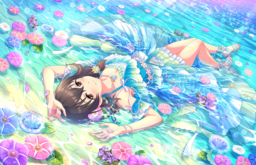 1girl aqua_dress arms_up blue_flower breasts brown_eyes brown_hair cleavage cm collarbone dress dutch_angle feet flower frilled_dress frills fujiwara_hajime full_body game_cg green_dress hair_between_eyes hair_ornament idolmaster idolmaster_cinderella_girls idolmaster_cinderella_girls_starlight_stage knees_together_feet_apart knees_up legs lens_flare long_hair looking_at_viewer lying medium_hair multicolored_clothes multicolored_dress nail_polish ocean official_art on_back partially_submerged pink_flower purple_flower sandals short_sleeves smile solo sparkle thighs toenail_polish toenails toes water