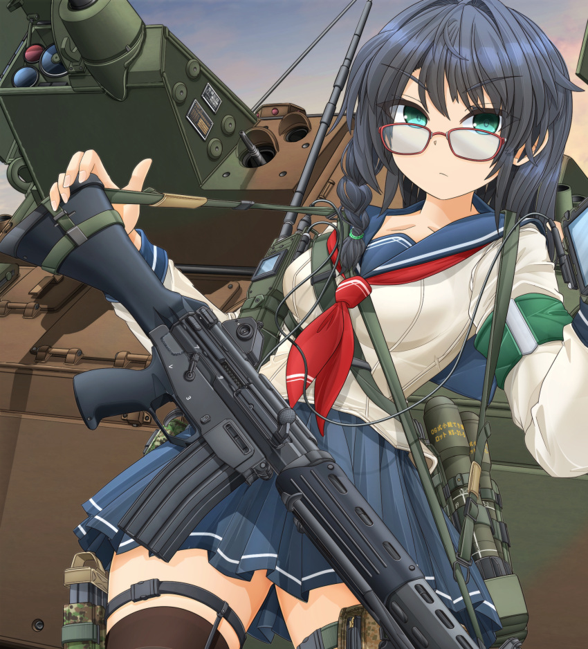 1girl assault_rifle black_hair blue_sailor_collar blue_skirt braid breasts brown_thighhighs closed_mouth collarbone commentary_request glasses green_eyes gun hair_between_eyes highres howa_type_89 long_hair long_sleeves looking_at_viewer medium_breasts mikeran_(mikelan) neckerchief original pleated_skirt red-framed_eyewear red_neckerchief rifle sailor_collar shirt skirt solo thighhighs v-shaped_eyebrows vehicle_request weapon weapon_request white_shirt