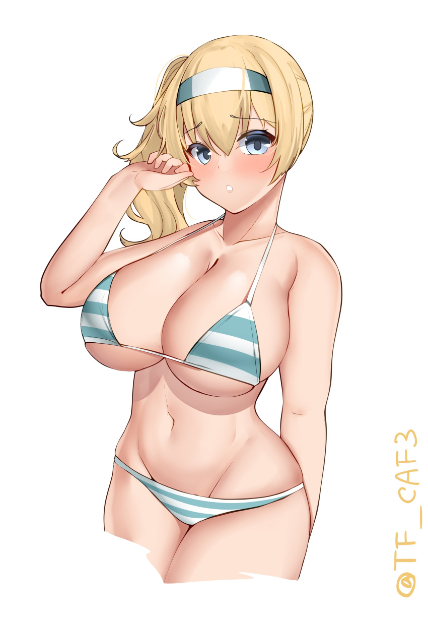 1girl absurdres alternate_hairstyle bikini blonde_hair blue_bikini blue_eyes breasts cowboy_shot cropped_legs gambier_bay_(kancolle) hairband highres kantai_collection large_breasts one-hour_drawing_challenge parted_lips side_ponytail simple_background solo striped striped_bikini swimsuit tf_cafe twitter_username two-tone_hairband white_background