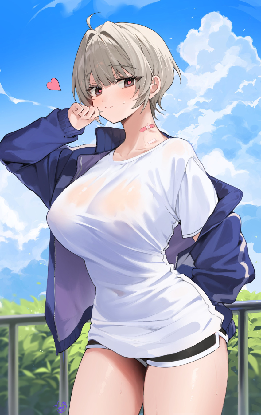1girl absurdres ahoge bandaid bandaid_on_neck black_eyes black_shorts blue_jacket blue_sky breasts bush closed_mouth cloud cloudy_sky commentary_request cowboy_shot day hand_up heart heart-shaped_pupils highres jacket korean_commentary large_breasts light_brown_hair looking_at_viewer off_shoulder open_clothes open_jacket original outdoors railing shirt short_hair short_shorts shorts signature sky smile solo sweatdrop symbol-shaped_pupils timy track_jacket white_shirt