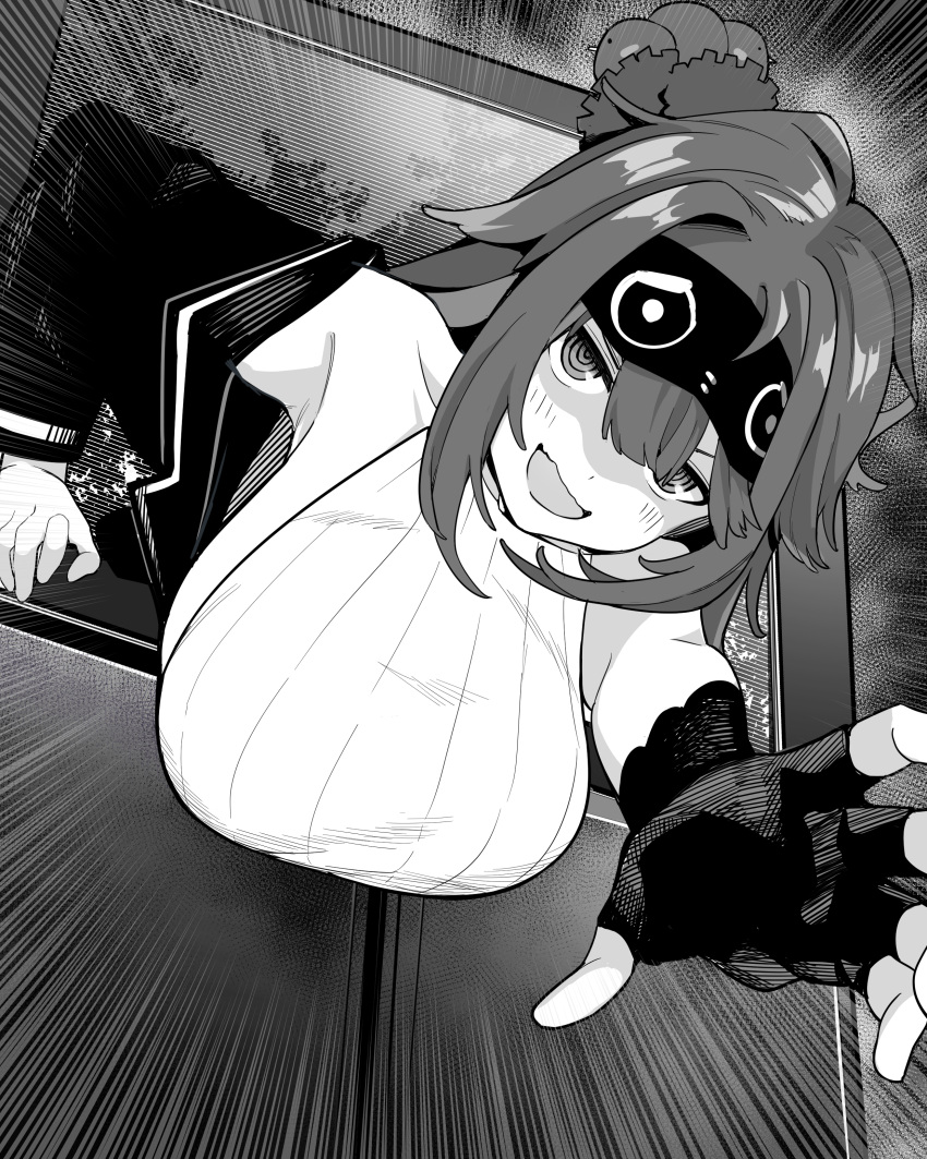 1girl @_@ absurdres animal_on_head bare_shoulders bird bird_nest bird_on_head breasts fingerless_gloves gloves greyscale hair_ornament highres jacket large_breasts long_hair monochrome mutsuki_memori on_head open_clothes open_jacket open_mouth parody reaching reaching_towards_viewer ribbed_shirt shiranami_ryuji shirt sideboob sleep_mask solo television the_ring through_screen uni_create virtual_youtuber